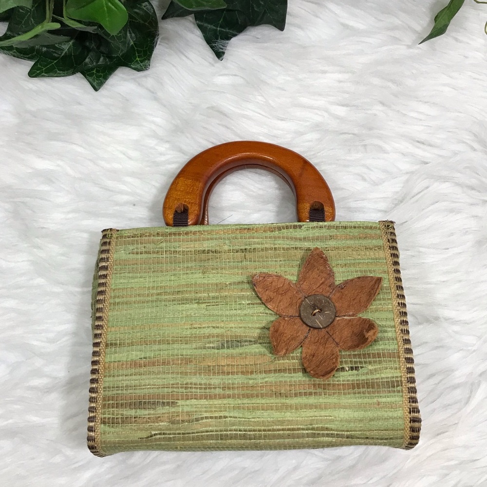 Vintage Mini Bag Green Straw Wood Handle  Appliqué